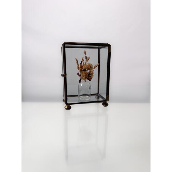 Vintage Curio Brass and Glass Display with Hinged Door and Dried Bouquet 5" Tall - Picture 1 of 7